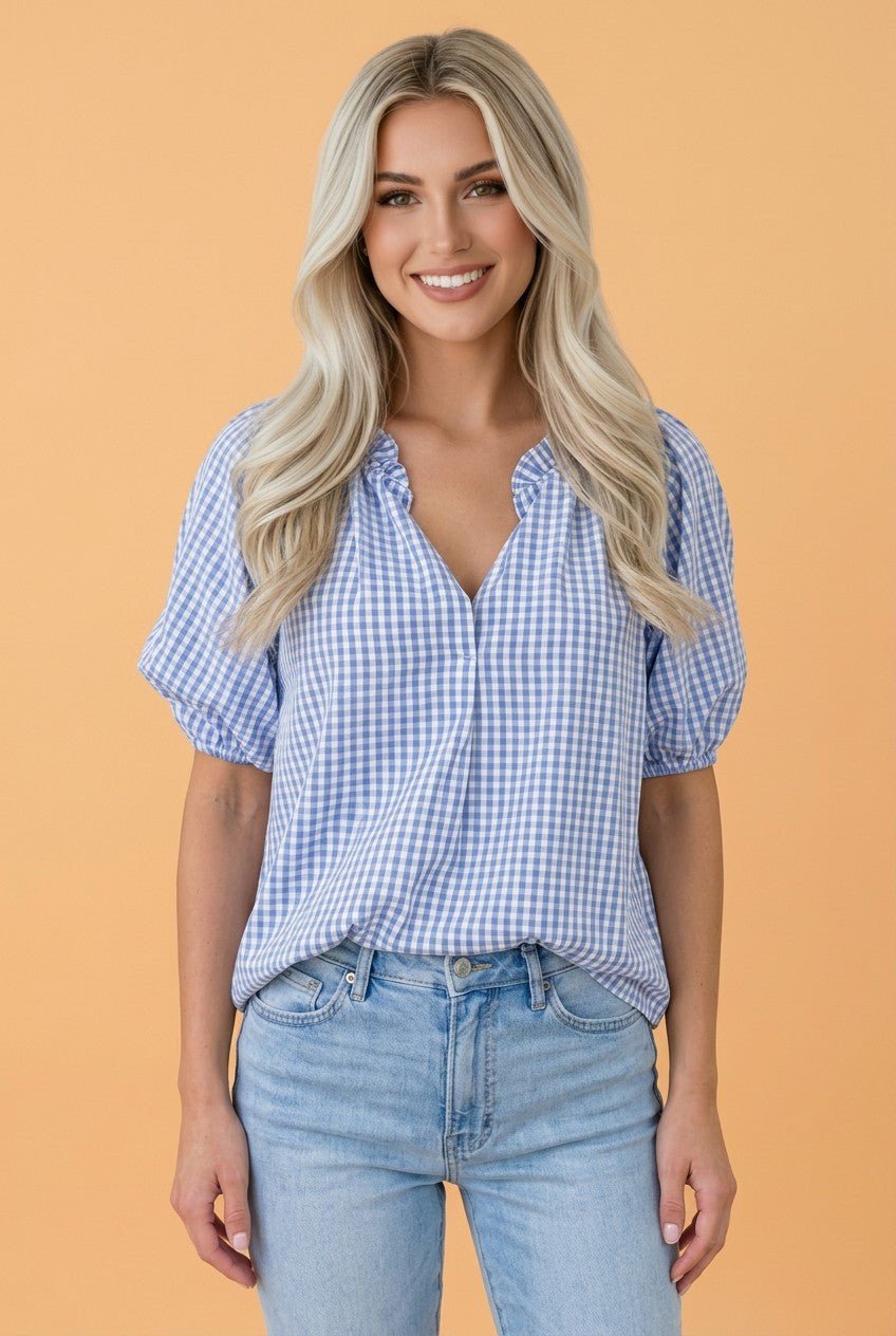 Plaid V-Neck Puff Sleeve Blouse - Rooted & Reckless Co.