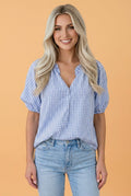 Plaid V-Neck Puff Sleeve Blouse - Rooted & Reckless Co.