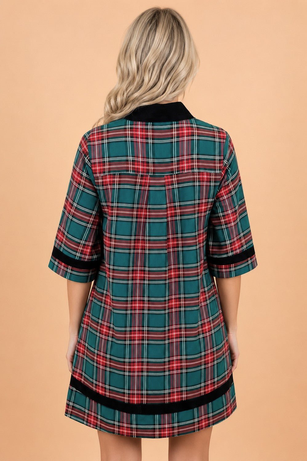 Plaid Velvet Contrast Trim 3/4 Sleeve Mini Dress - Rooted & Reckless Co.
