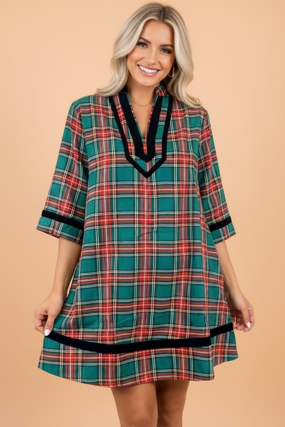 Plaid Velvet Contrast Trim 3/4 Sleeve Mini Dress - Rooted & Reckless Co.