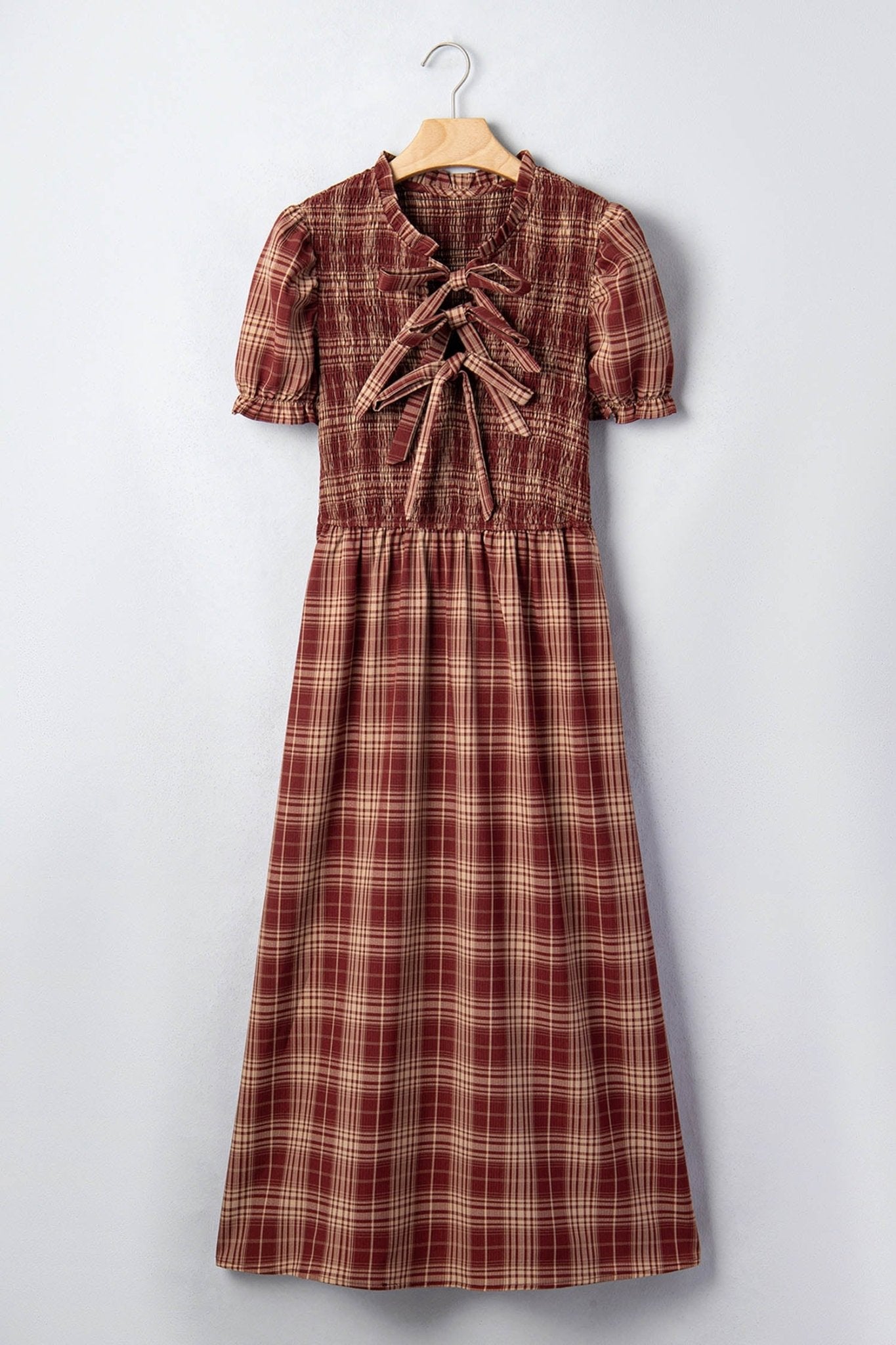 Plaid Vintage Knot Front Smocked High Waist Midi Dress - Rooted & Reckless Co.