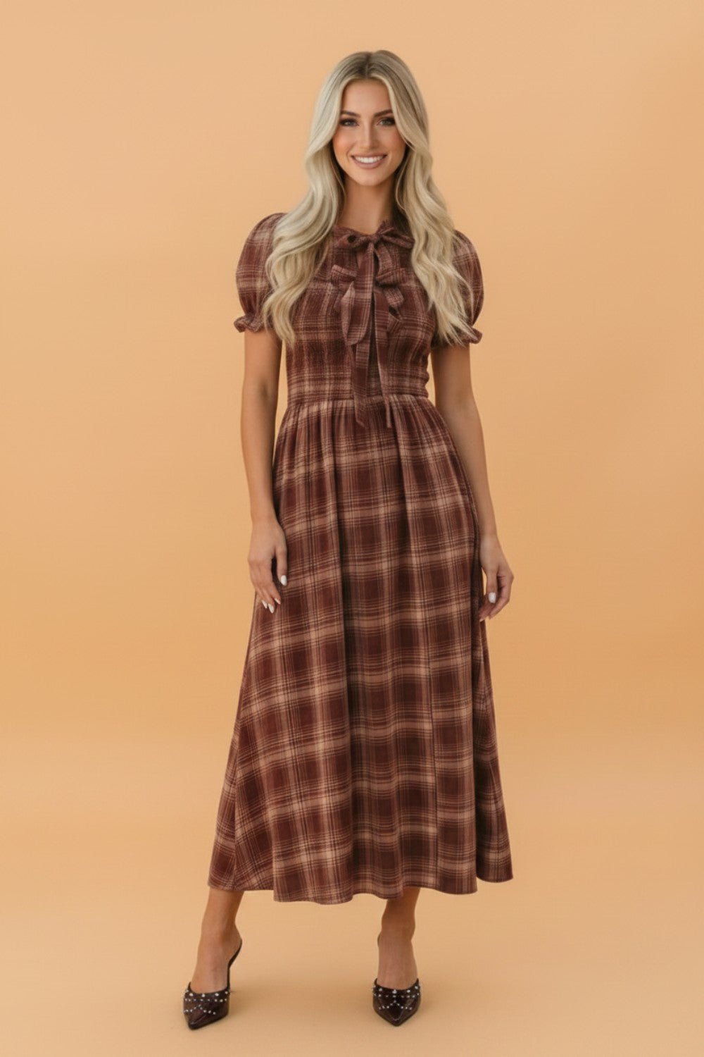 Plaid Vintage Knot Front Smocked High Waist Midi Dress - Rooted & Reckless Co.