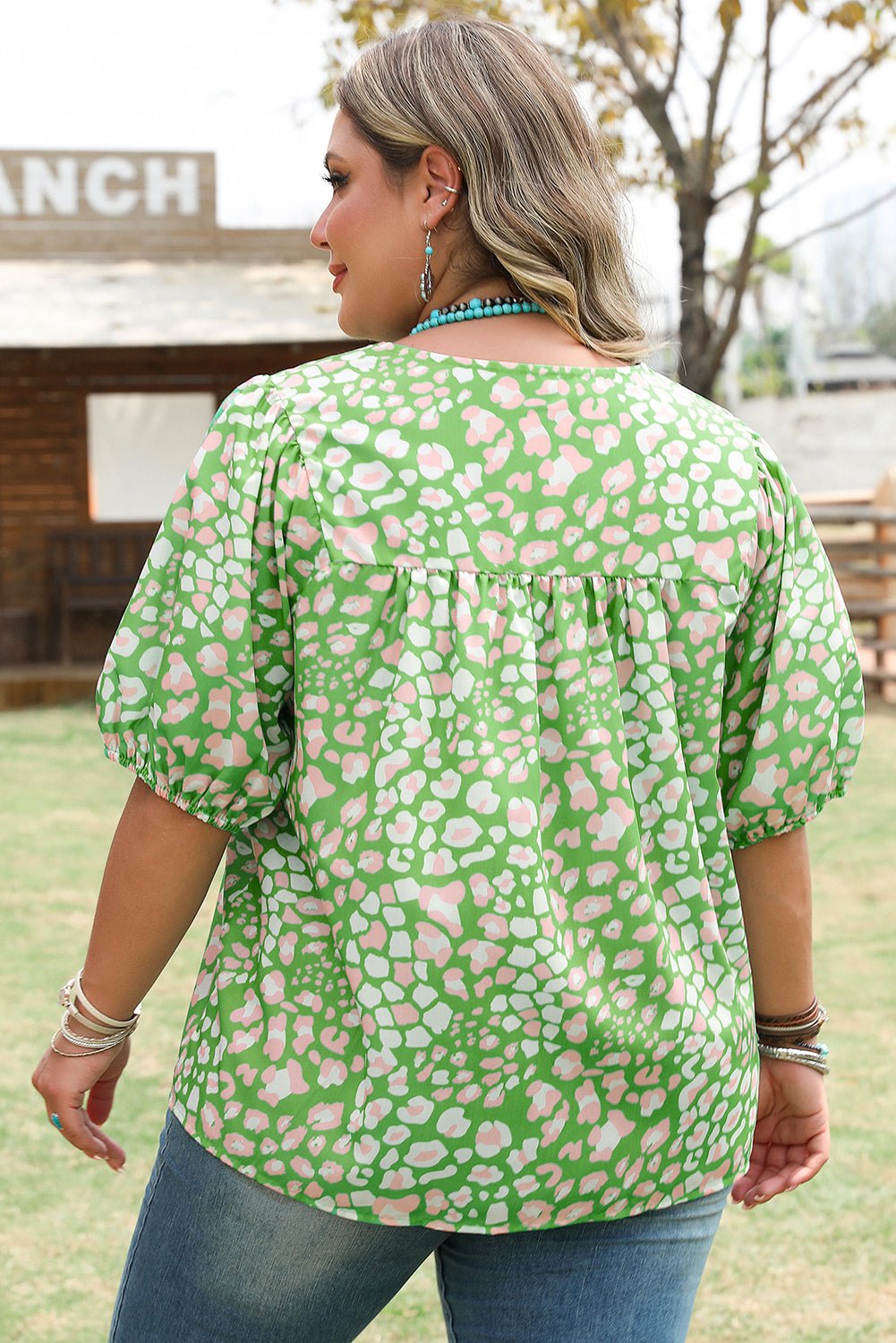 Plus Size Abstract Leopard Tassel Tie Blouse - Rooted & Reckless Co.