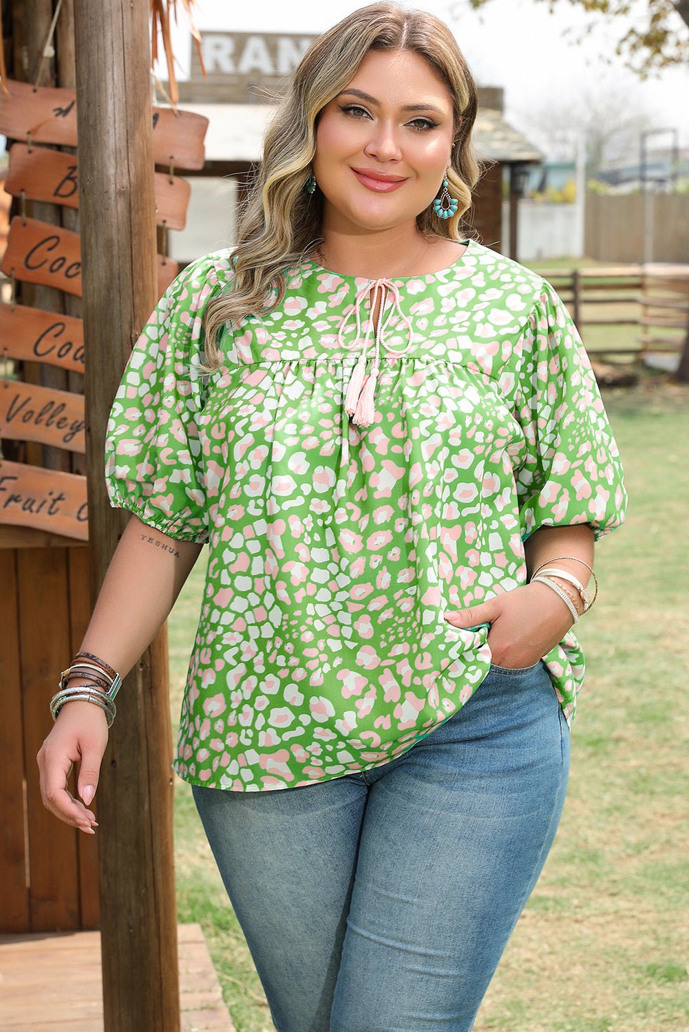 Plus Size Abstract Leopard Tassel Tie Blouse - Rooted & Reckless Co.