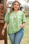 Plus Size Abstract Leopard Tassel Tie Blouse - Rooted & Reckless Co.
