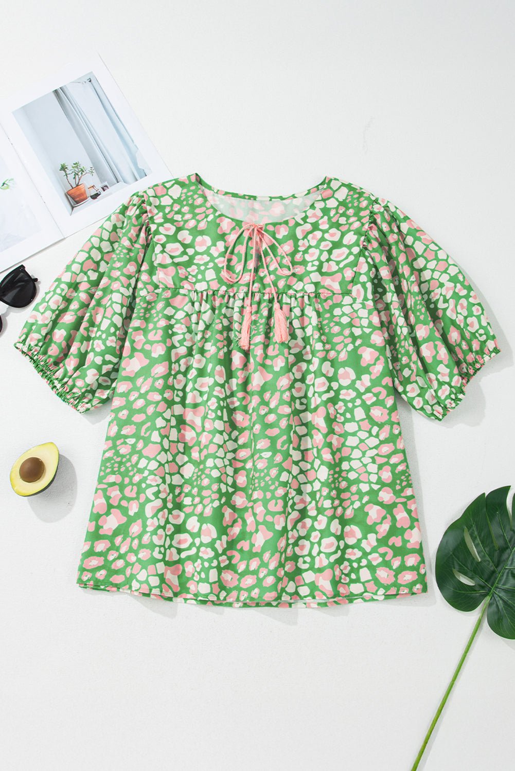 Plus Size Abstract Leopard Tassel Tie Blouse - Rooted & Reckless Co.