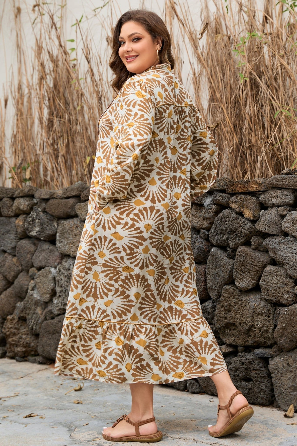 Plus Size Abstract Plant Long Sleeve Maxi Dress - Rooted & Reckless Co.