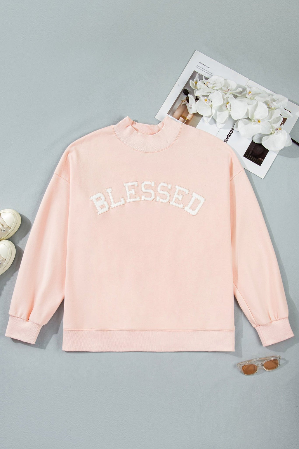 Plus Size BLESSED Embroidered Patch Mock Neck Sweatshirt - Rooted & Reckless Co.