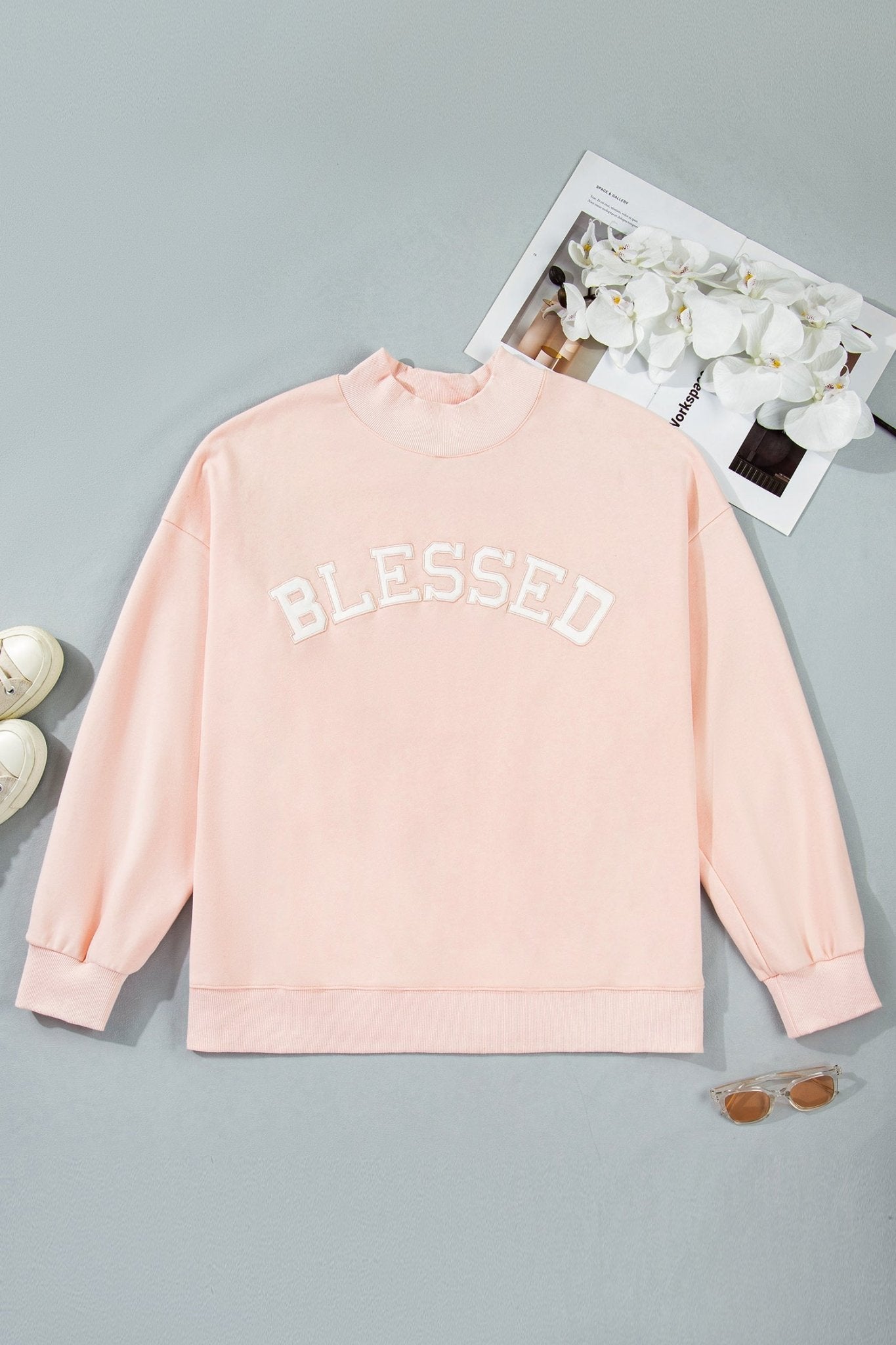 Plus Size BLESSED Embroidered Patch Mock Neck Sweatshirt - Rooted & Reckless Co.