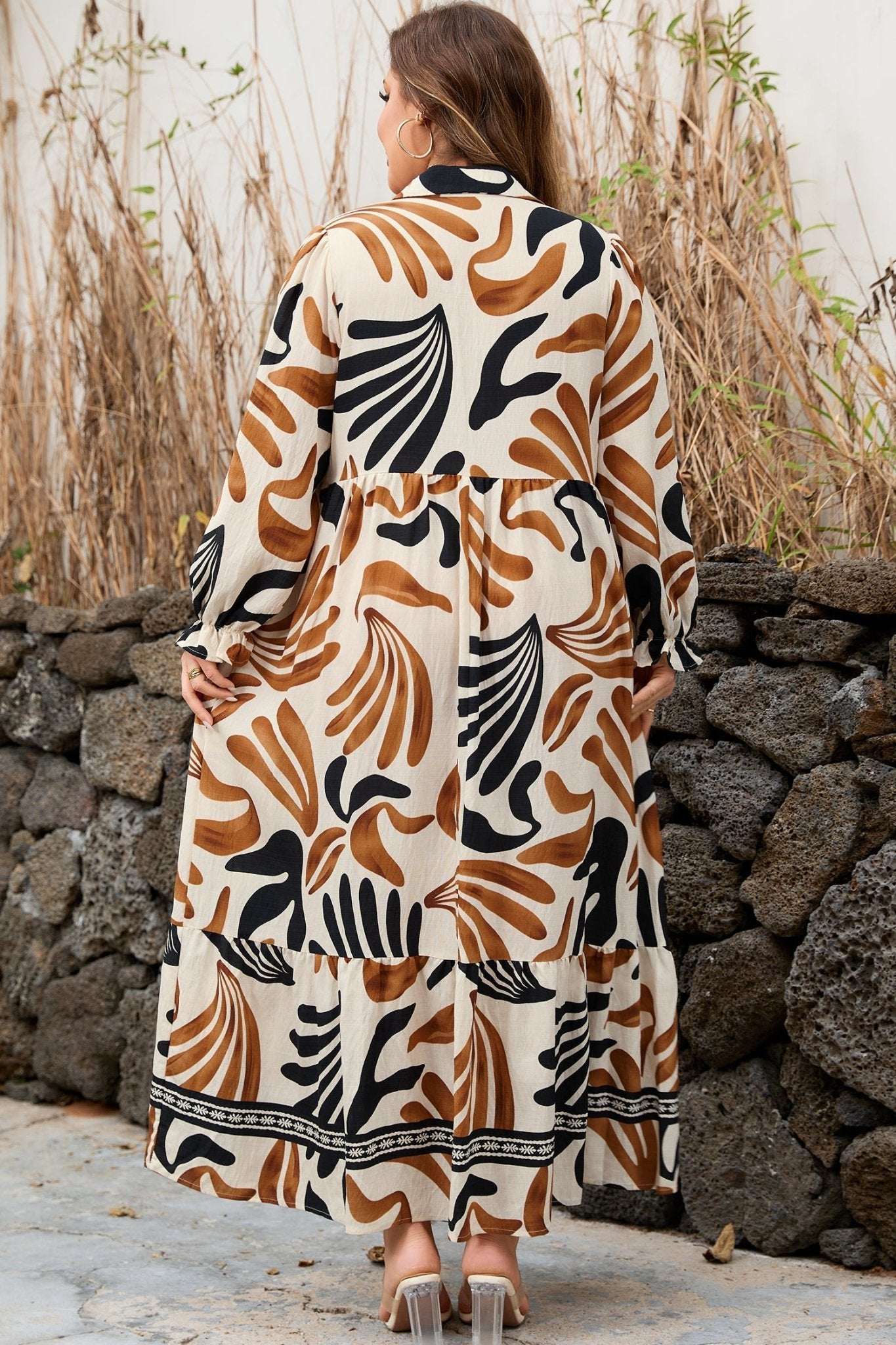 Plus Size Boho Abstract Long Sleeve Maxi Dress - Rooted & Reckless Co.