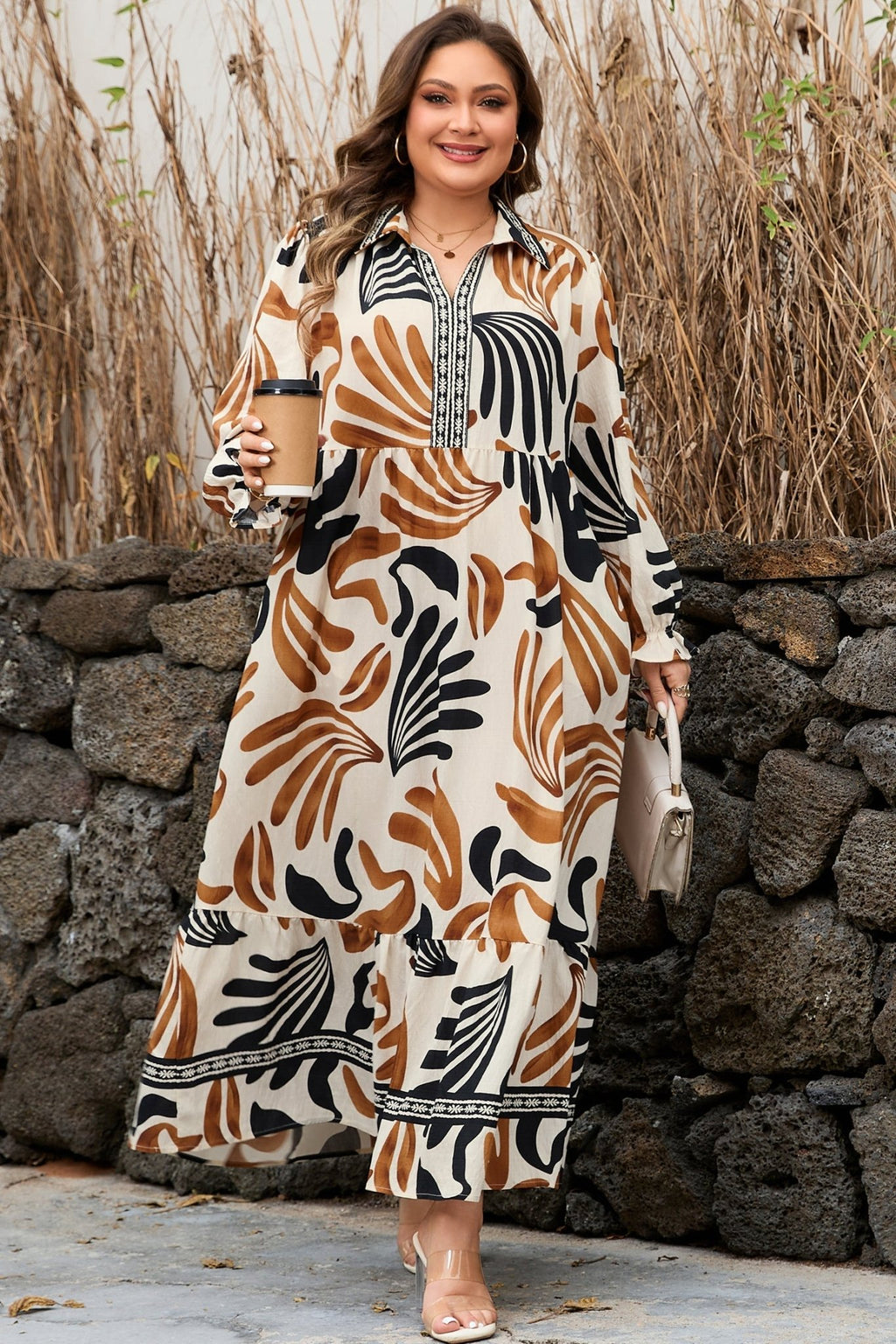 Plus Size Boho Abstract Long Sleeve Maxi Dress - Rooted & Reckless Co.