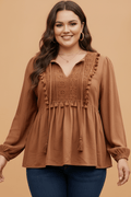 Plus Size Boho Embroidered Tassel Tie Long Sleeve Blouse - Rooted & Reckless Co.