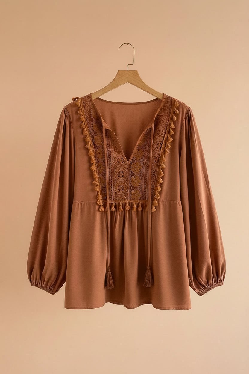 Plus Size Boho Embroidered Tassel Tie Long Sleeve Blouse - Rooted & Reckless Co.