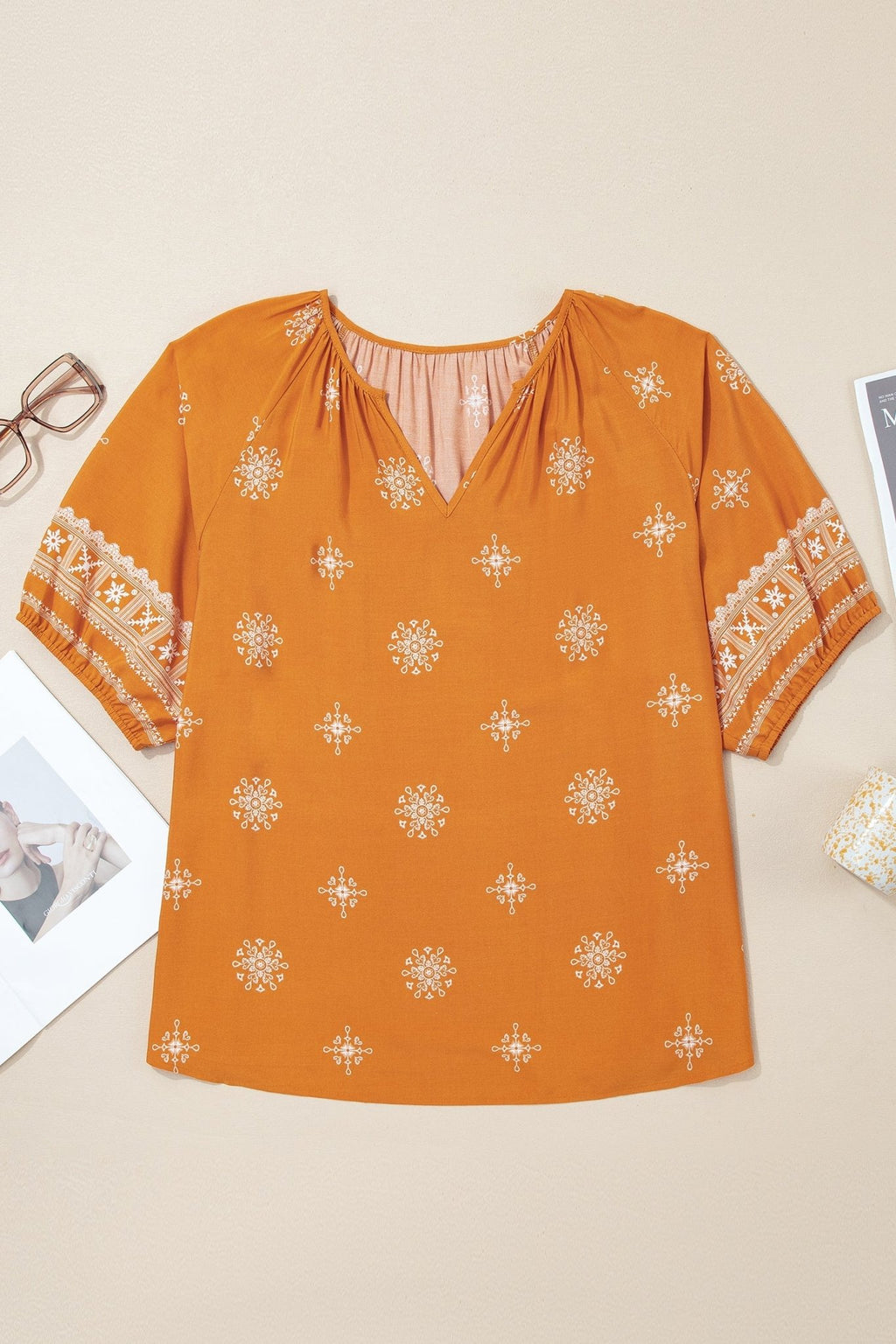 Plus Size Boho Floral Boho Notch V-Neck Top - Rooted & Reckless Co.