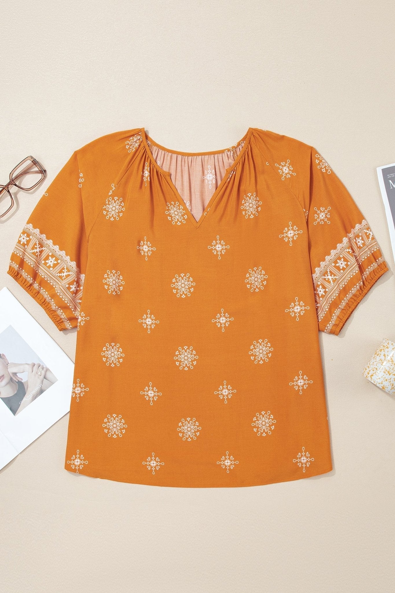 Plus Size Boho Floral Boho Notch V-Neck Top - Rooted & Reckless Co.