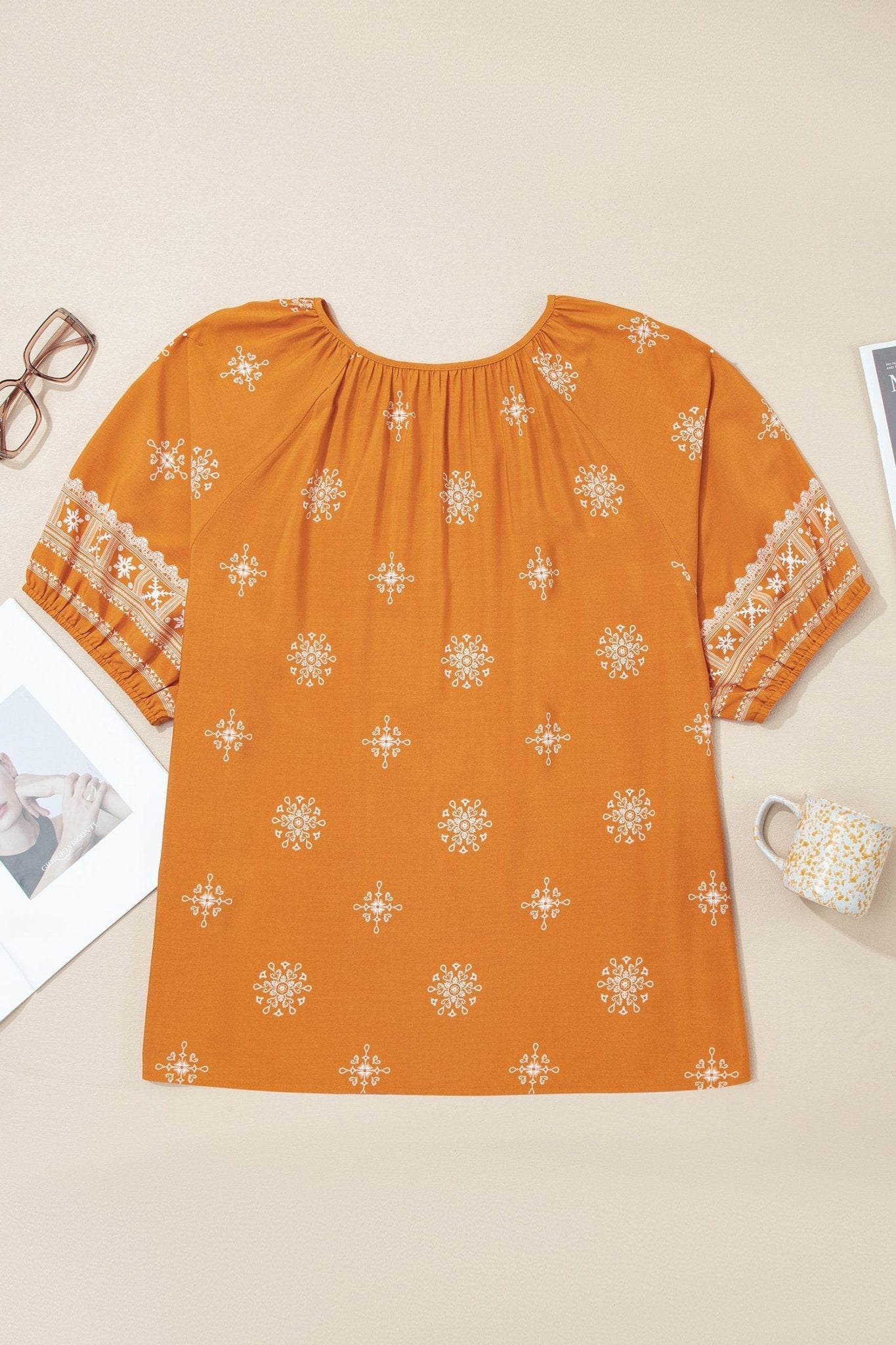 Plus Size Boho Floral Boho Notch V-Neck Top - Rooted & Reckless Co.