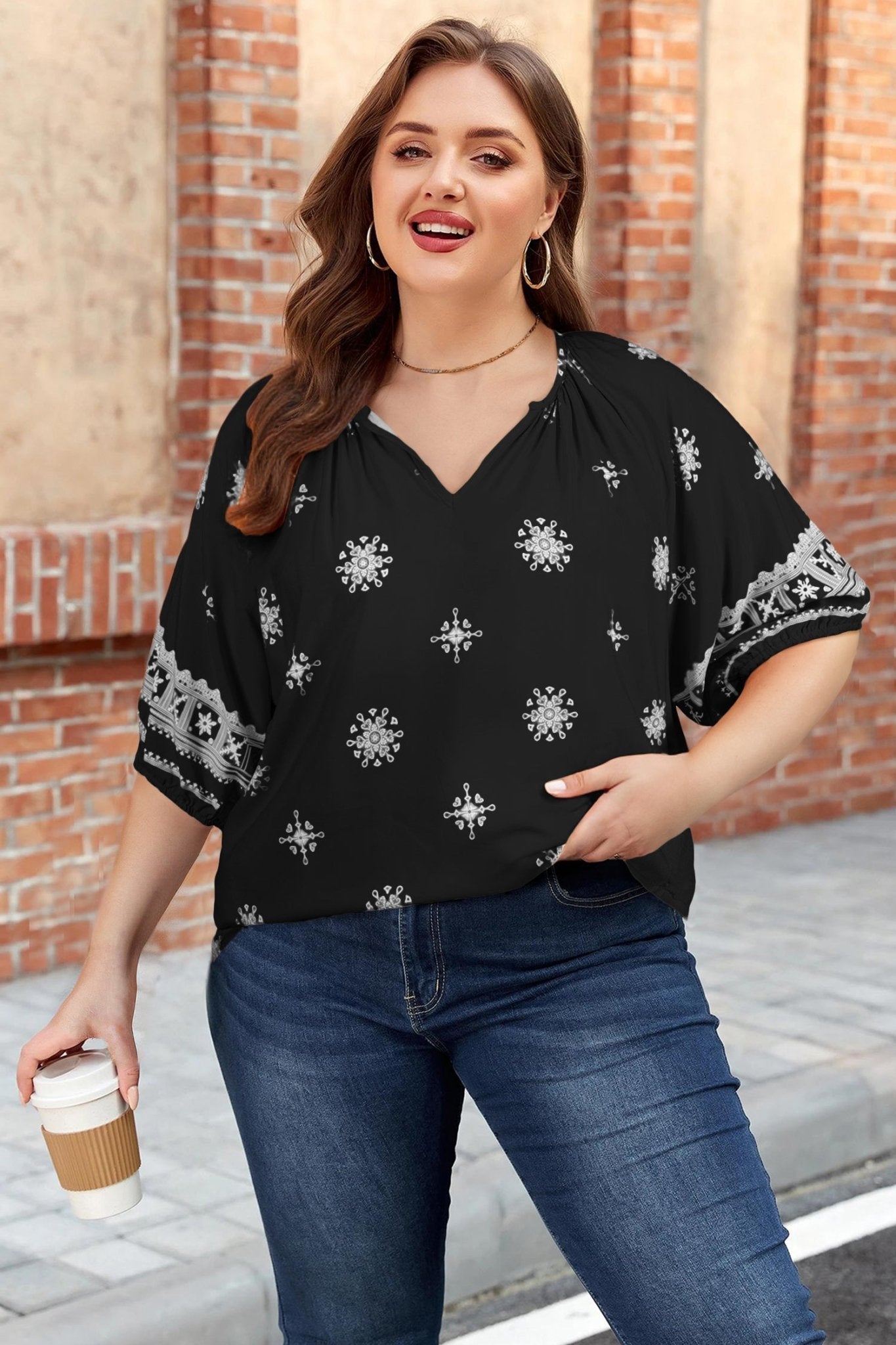 Plus Size Boho Floral Boho Notch V-Neck Top - Rooted & Reckless Co.