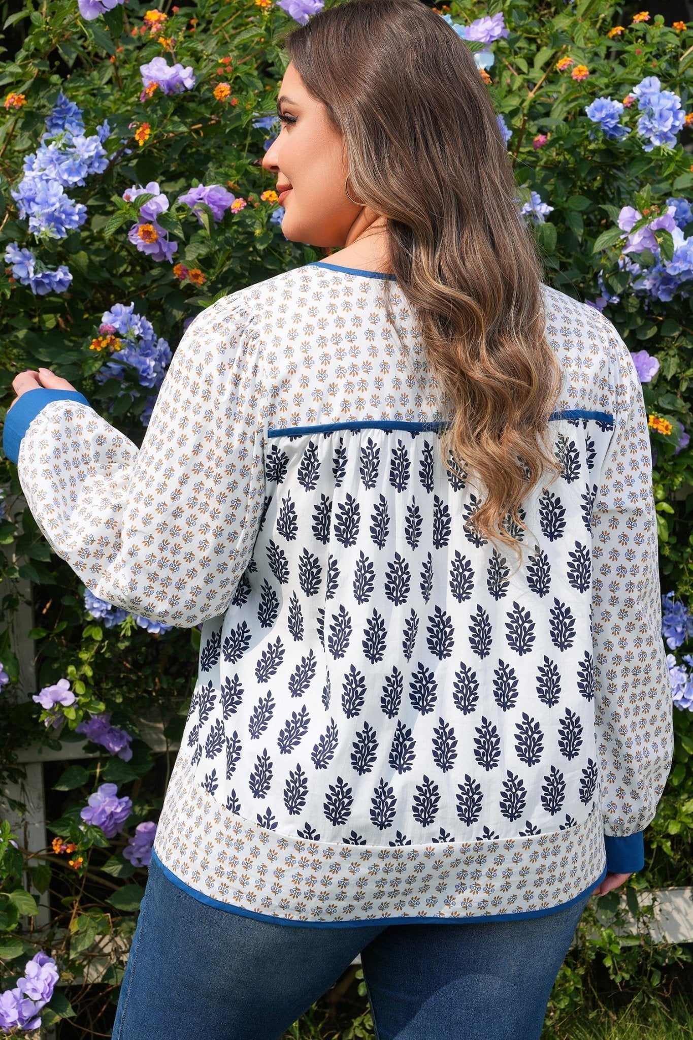 Plus Size Boho Floral Patchwork Puff Sleeve Blouse - Rooted & Reckless Co.
