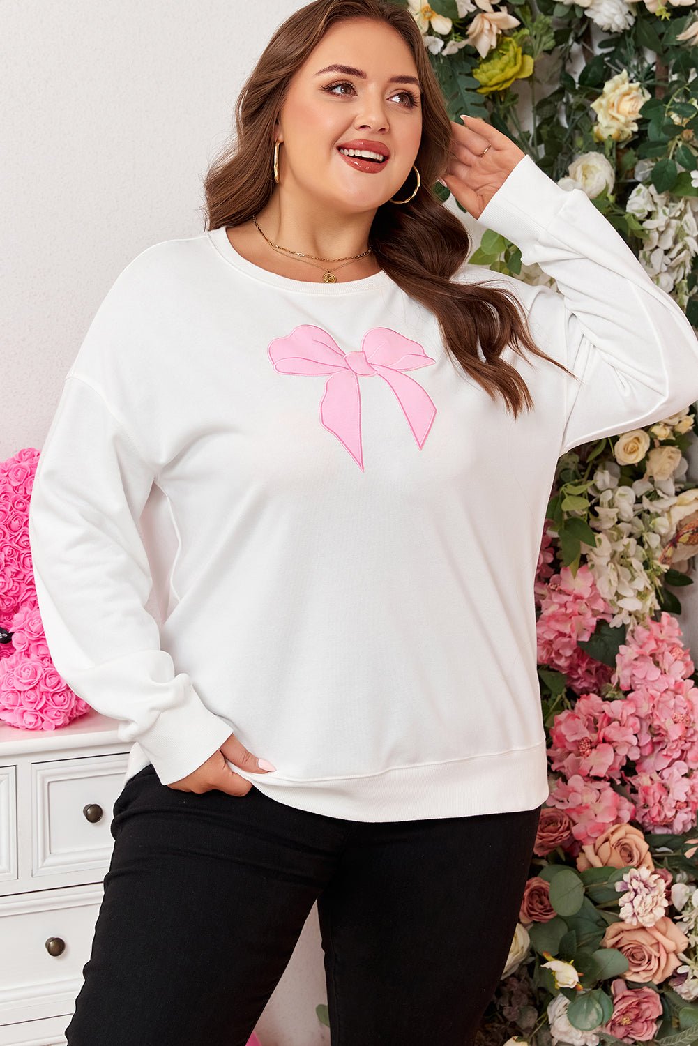 Plus Size Bow Tie Drop Shoulder Sweatshirt - Rooted & Reckless Co.