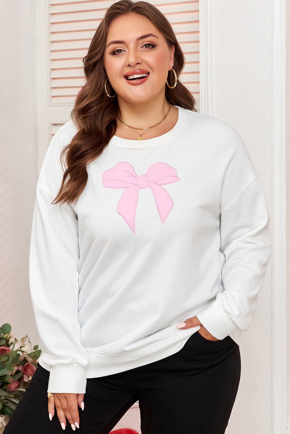 Plus Size Bow Tie Drop Shoulder Sweatshirt - Rooted & Reckless Co.