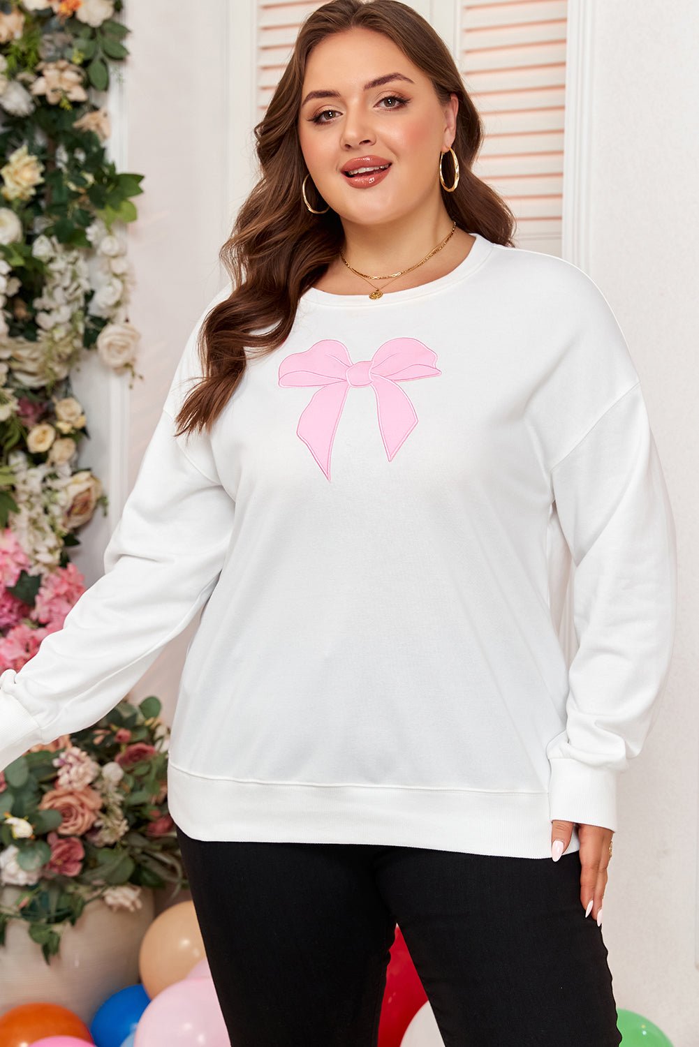 Plus Size Bow Tie Drop Shoulder Sweatshirt - Rooted & Reckless Co.