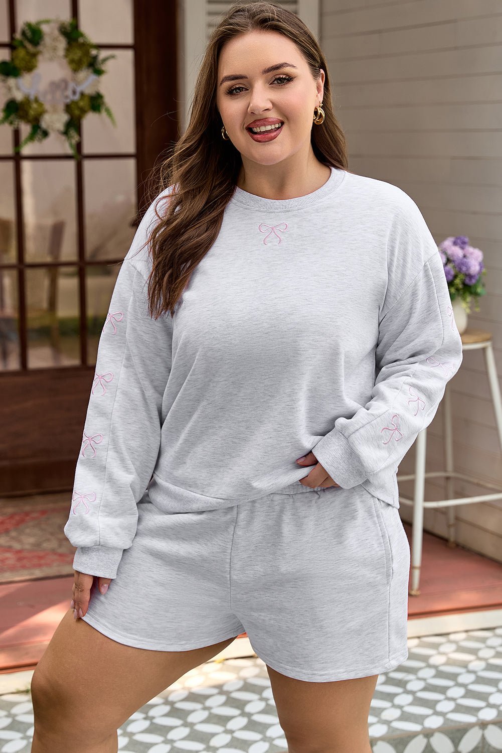 Plus Size Bow Tie Embroidered Pullover and Shorts Set - Rooted & Reckless Co.