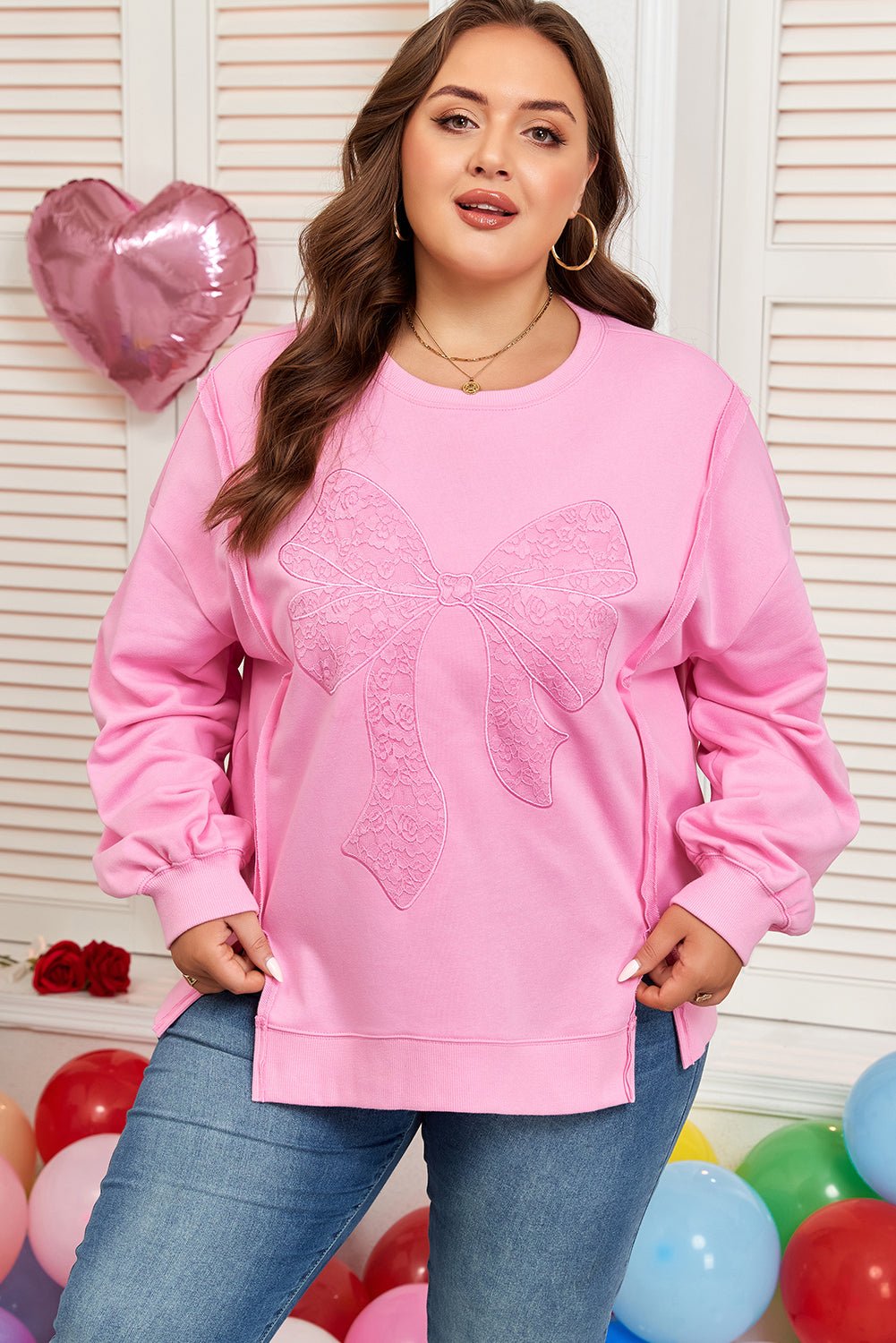 Plus Size Bow Tie Lace Embroidered Dolman Sweatshirt - Rooted & Reckless Co.