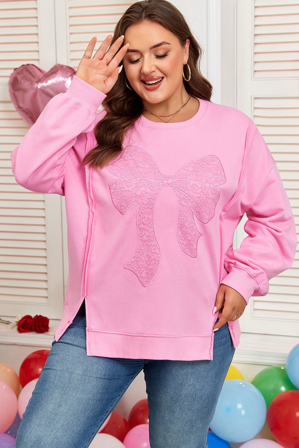 Plus Size Bow Tie Lace Embroidered Dolman Sweatshirt - Rooted & Reckless Co.