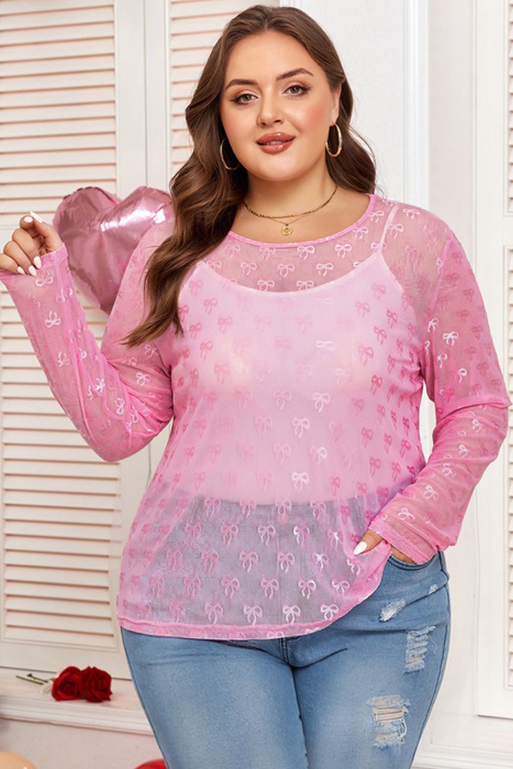 Plus Size Bow Tie Mesh Embroidered Long Sleeve Top - Rooted & Reckless Co.
