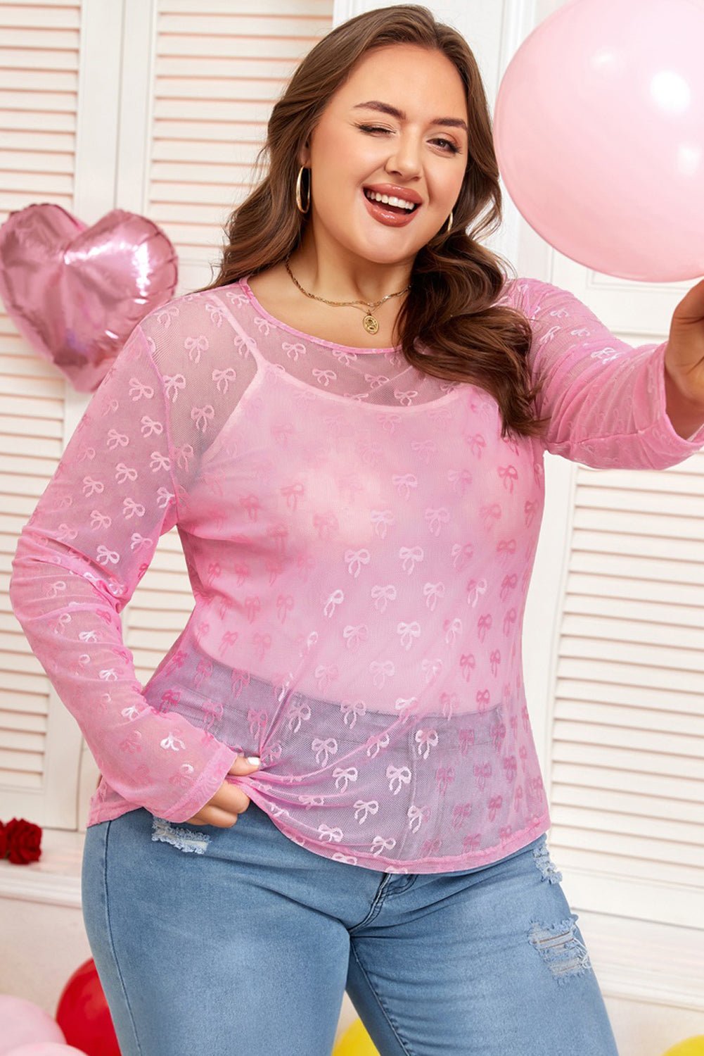Plus Size Bow Tie Mesh Embroidered Long Sleeve Top - Rooted & Reckless Co.