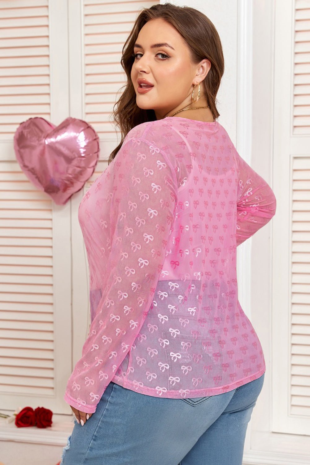 Plus Size Bow Tie Mesh Embroidered Long Sleeve Top - Rooted & Reckless Co.
