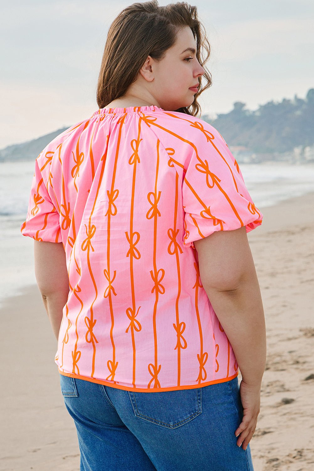 Plus Size Bow Tie V-Neck Puff Sleeve Blouse - Rooted & Reckless Co.