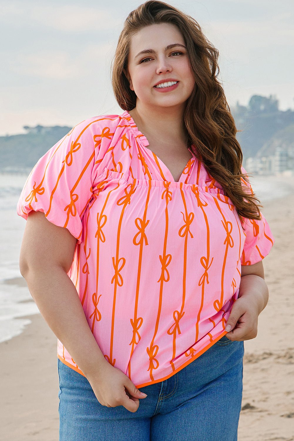 Plus Size Bow Tie V-Neck Puff Sleeve Blouse - Rooted & Reckless Co.