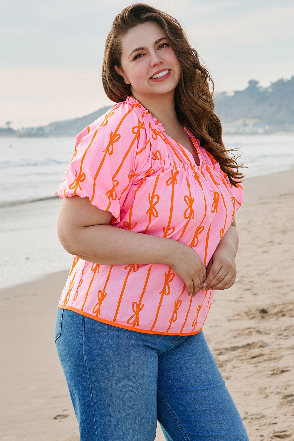 Plus Size Bow Tie V-Neck Puff Sleeve Blouse - Rooted & Reckless Co.