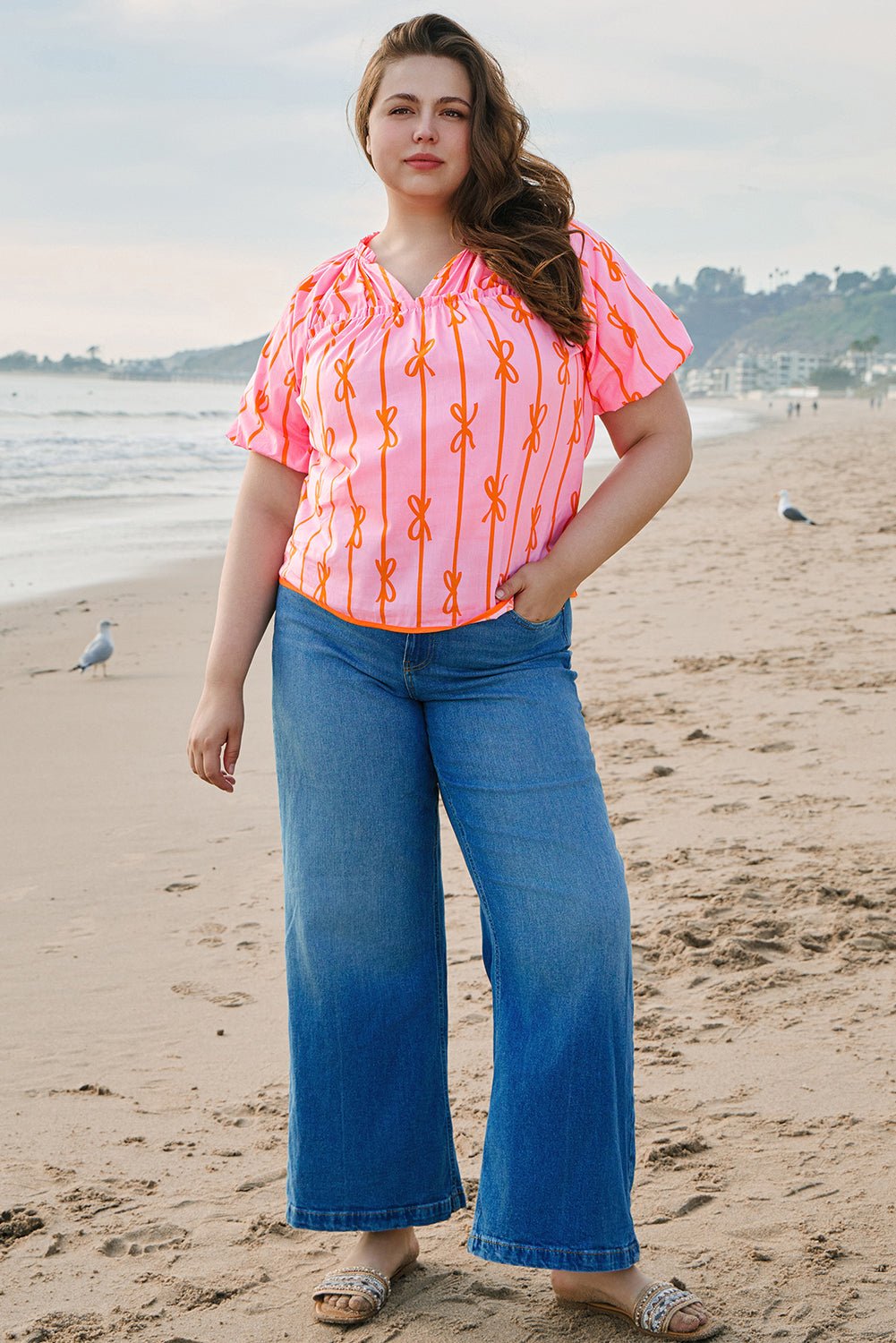 Plus Size Bow Tie V-Neck Puff Sleeve Blouse - Rooted & Reckless Co.