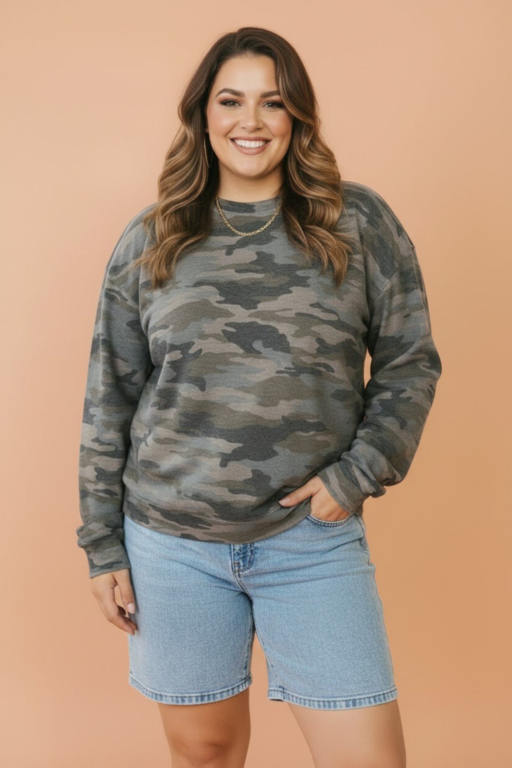 Plus Size Camo Crew Neck Long Sleeve Sweatshirt - Rooted & Reckless Co.