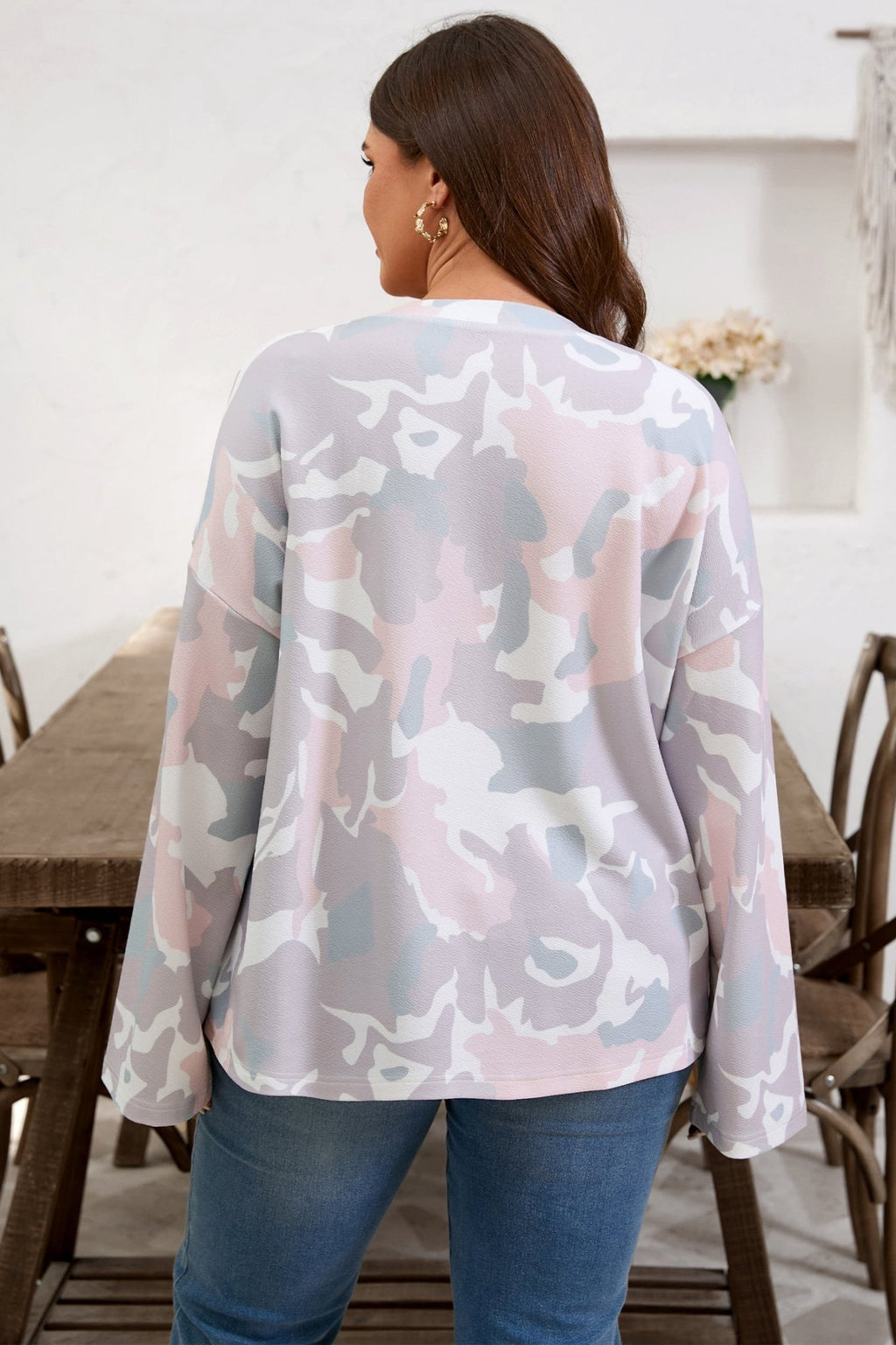 Plus Size Camo Drop Shoulder Pullover Top - Rooted & Reckless Co.