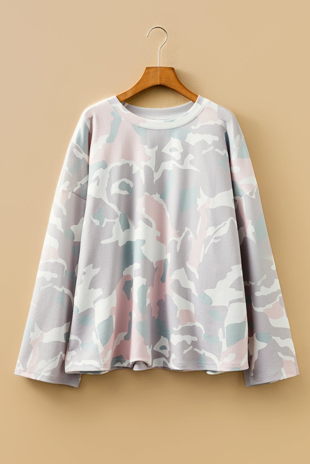 Plus Size Camo Drop Shoulder Pullover Top - Rooted & Reckless Co.