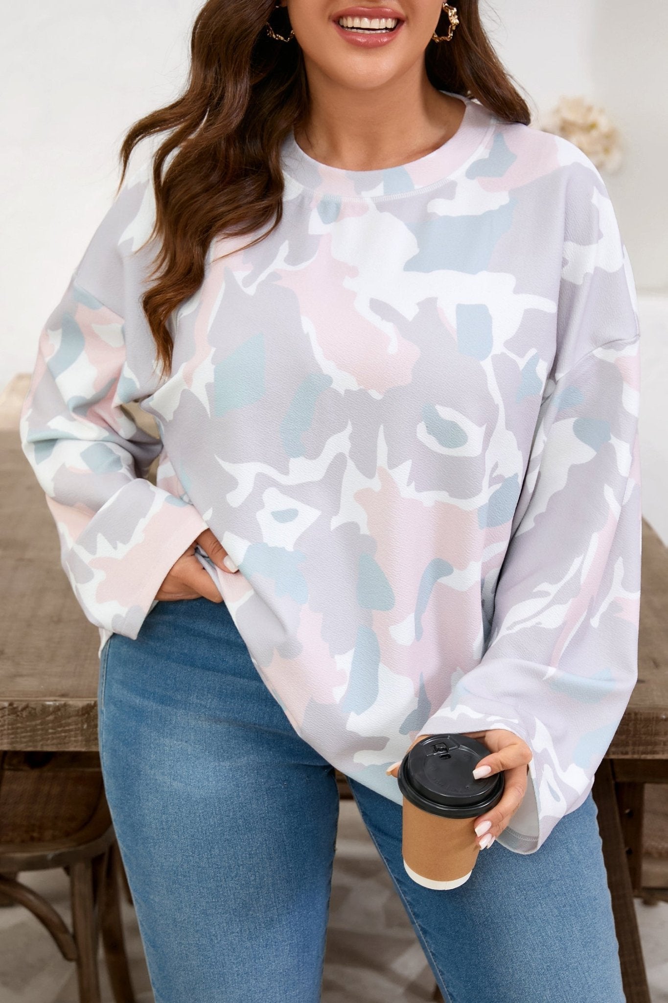 Plus Size Camo Drop Shoulder Pullover Top - Rooted & Reckless Co.