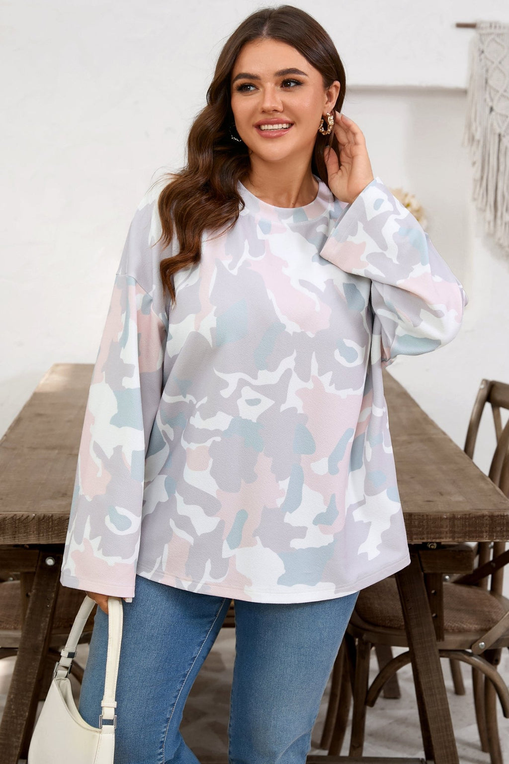 Plus Size Camo Drop Shoulder Pullover Top - Rooted & Reckless Co.