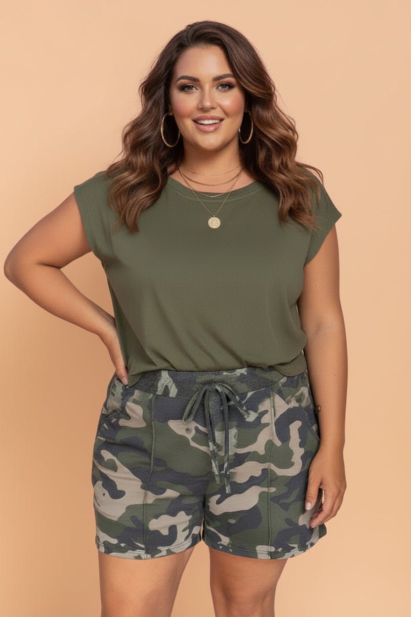 Plus Size Camo Elastic Waist Pocketed Shorts - Rooted & Reckless Co.