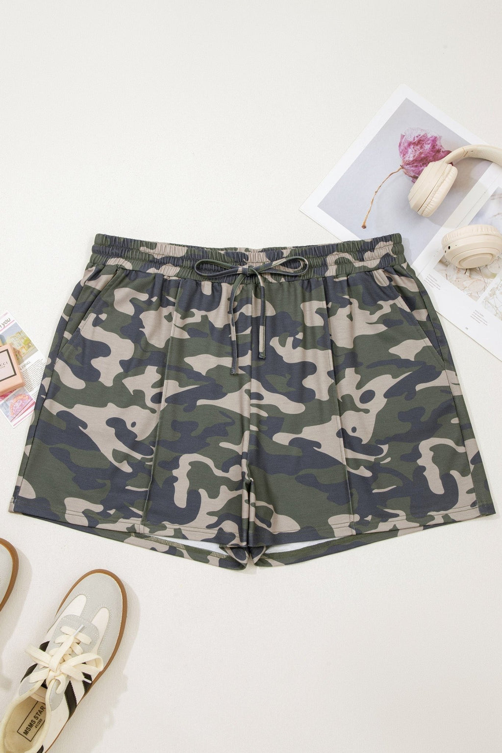 Plus Size Camo Elastic Waist Pocketed Shorts - Rooted & Reckless Co.