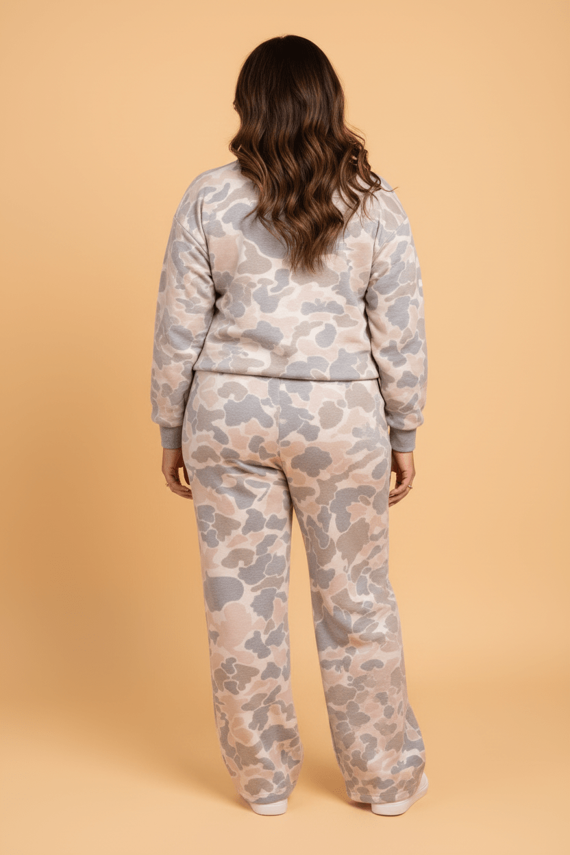Plus Size Camo Long Sleeve Top & Elastic Waist Pants Set - Rooted & Reckless Co.