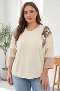 Plus Size Camo Panel Corded Knit Sleeve Blouse - Rooted & Reckless Co.
