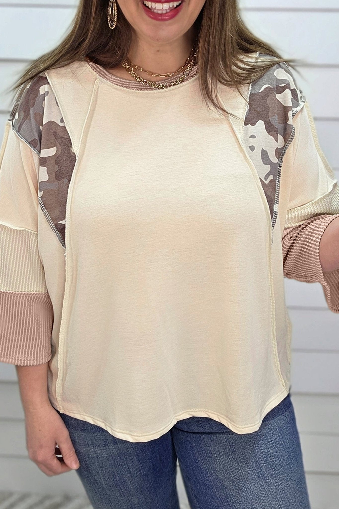 Plus Size Camo Panel Corded Knit Sleeve Blouse - Rooted & Reckless Co.