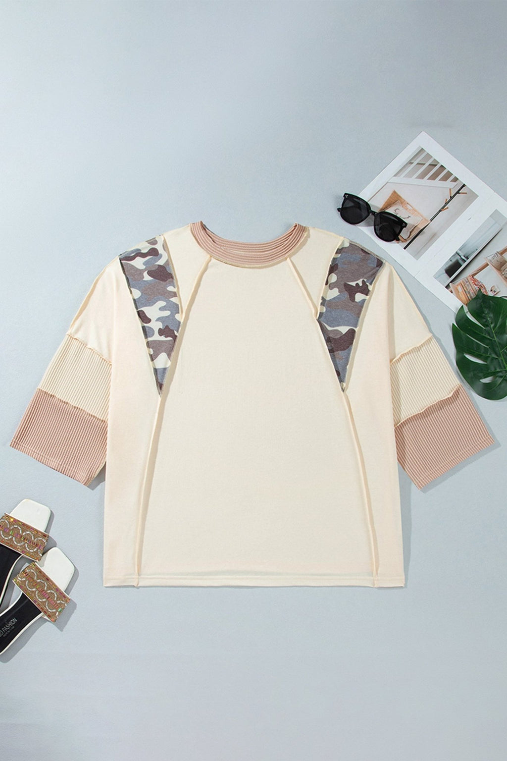 Plus Size Camo Panel Corded Knit Sleeve Blouse - Rooted & Reckless Co.