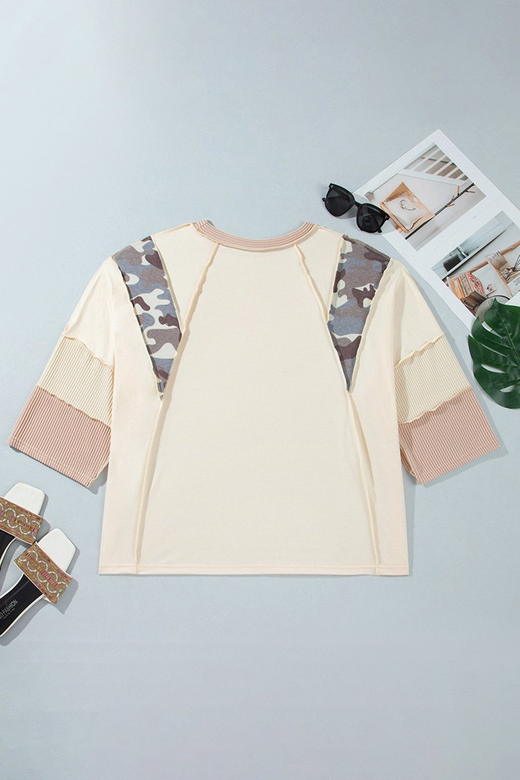 Plus Size Camo Panel Corded Knit Sleeve Blouse - Rooted & Reckless Co.
