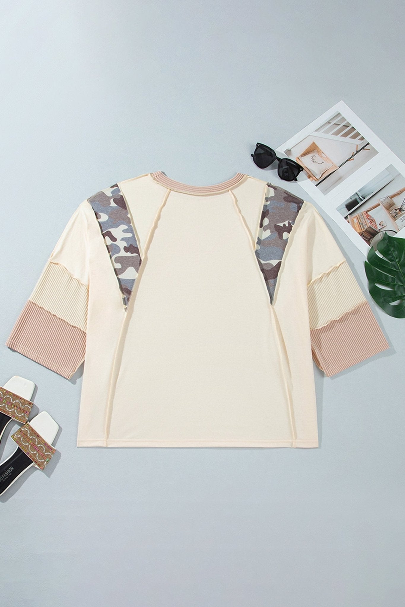 Plus Size Camo Panel Corded Knit Sleeve Blouse - Rooted & Reckless Co.