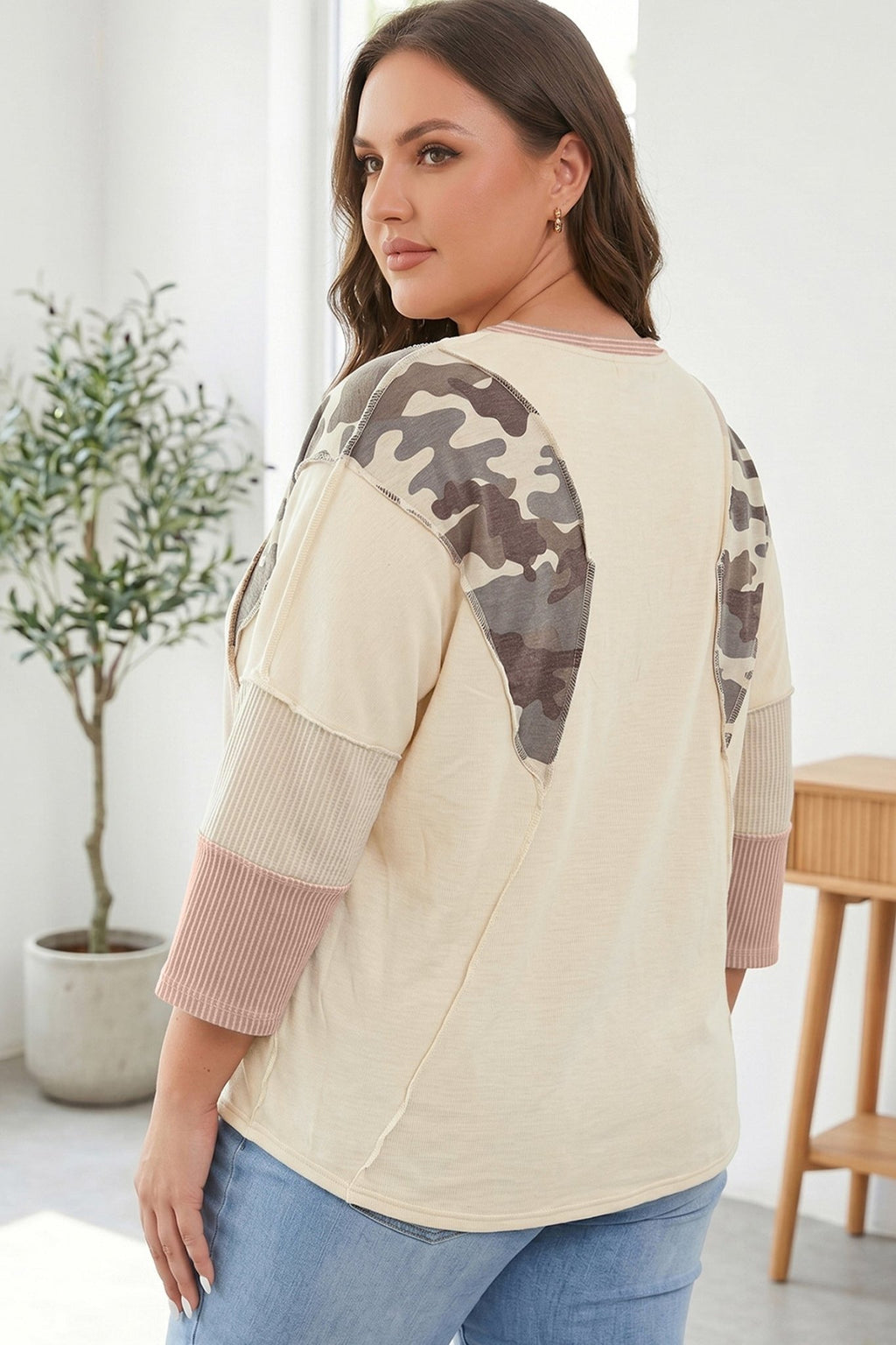 Plus Size Camo Panel Corded Knit Sleeve Blouse - Rooted & Reckless Co.
