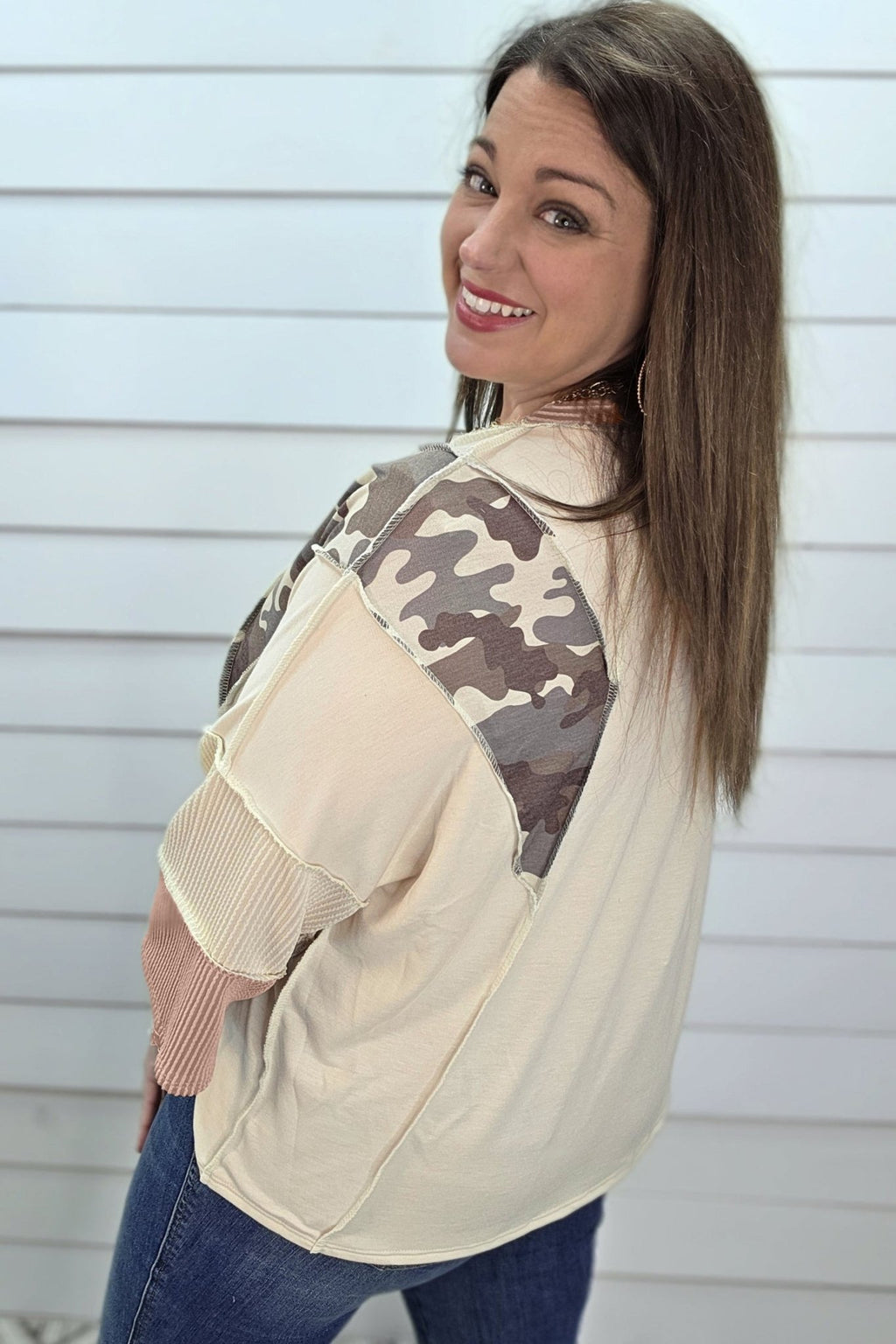 Plus Size Camo Panel Corded Knit Sleeve Blouse - Rooted & Reckless Co.